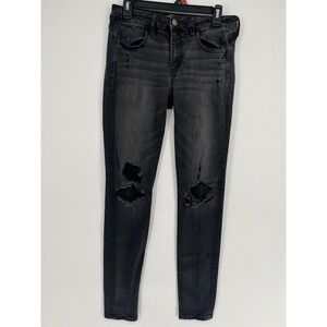American Eagle Super Stretch Jeggings Black Distressed Ripped Skinny Jeans 8 L